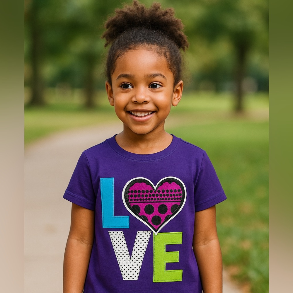 Girls’ Purple LOVE Graphic Tee – Fun & Playful Heart Design